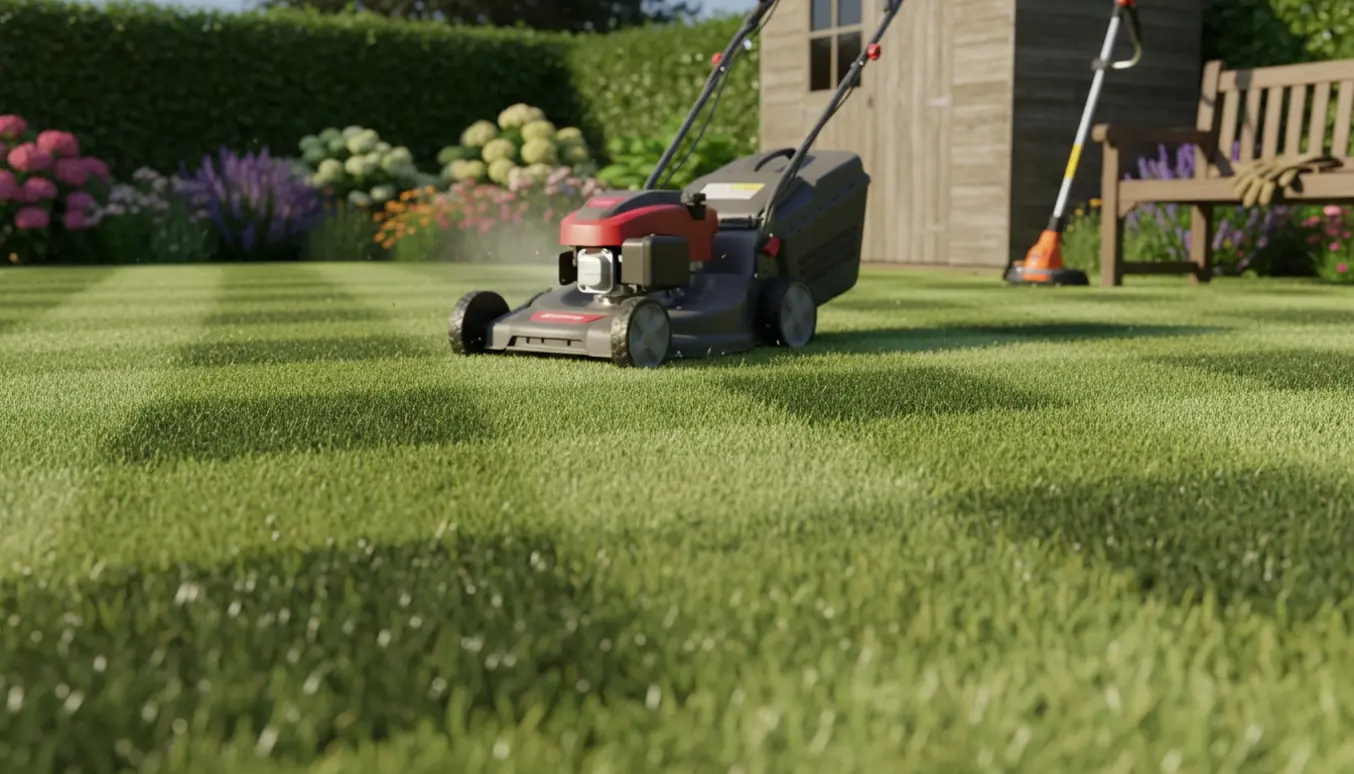 Nyslået sommergræs med en kompakt plæneklipper og en kanttrimmer ved et lille havehus.