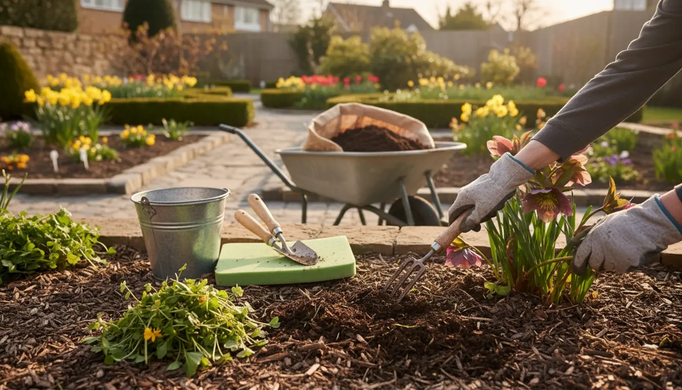Handskenklædte hænder luger ukrudt i et forårsbed med værktøj og en spand i baggrunden.