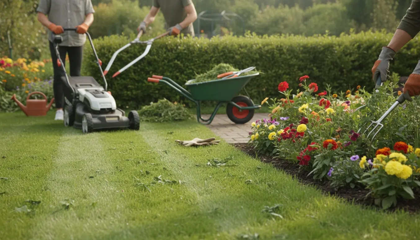 Havearbejde i vækstsæsonen med person (kun overkrop/hænder synlige) der slår græs, trimmer hæk og luger bede.