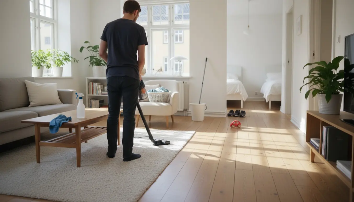 Rengøringsperson uden synligt ansigt støvsuger en lys skandinavisk stue med rengøringsudstyr og legetøj, der antyder en familie på tre.