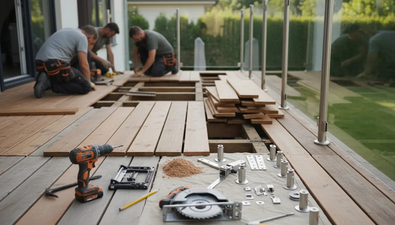 Håndværkere skifter cirka 40 m² terrassedæk med brune trykbrædder og midlertidigt fjernet glasgelænder.