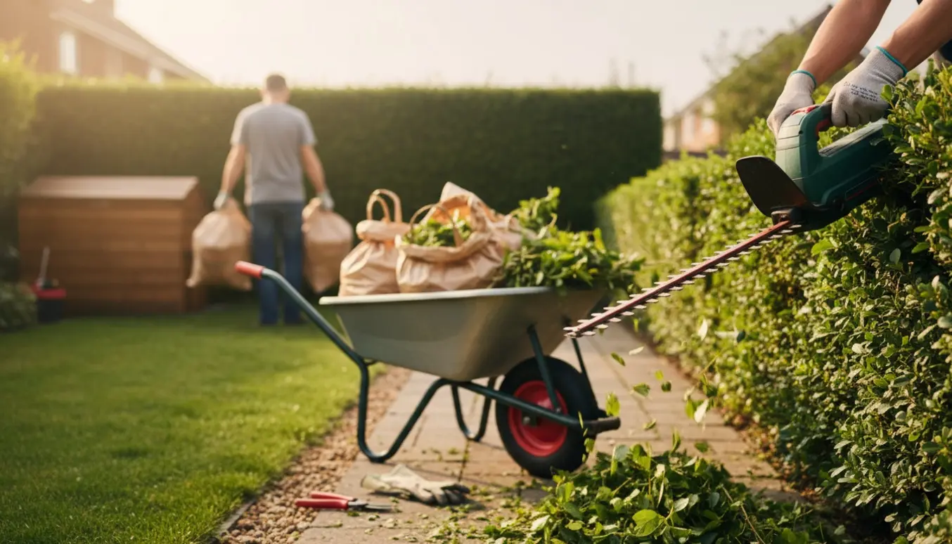 Glovede hænder klipper en grøn hæk med trillebør og sække fyldt med haveaffald i baggrunden.