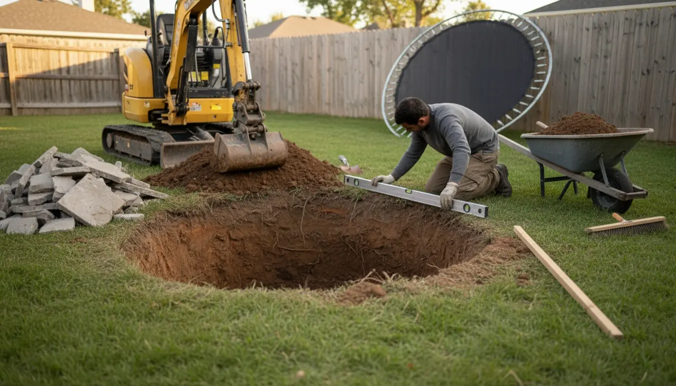 Bagfra set håndværker retter og uddyber et hul til en nedgravet trampolin med minigraver, spade og vaterpas.