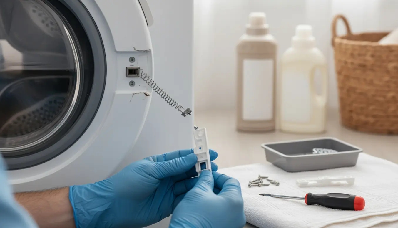 Hænder inspicerer en ødelagt lås på en frontbetjent vaskemaskinedør med værktøj ved siden af.