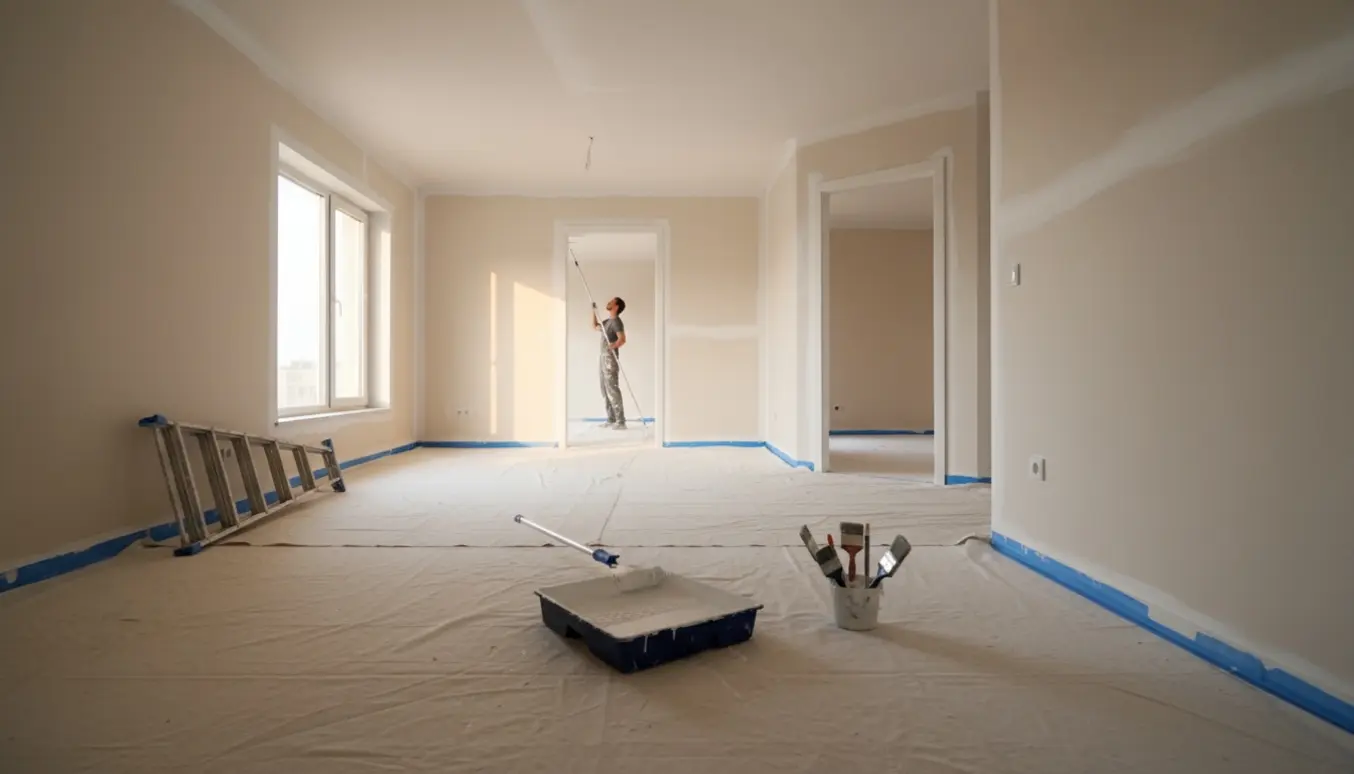 En maler ruller væg og loft i en lys lejlighed med malerbøtter, stige og afdækning.