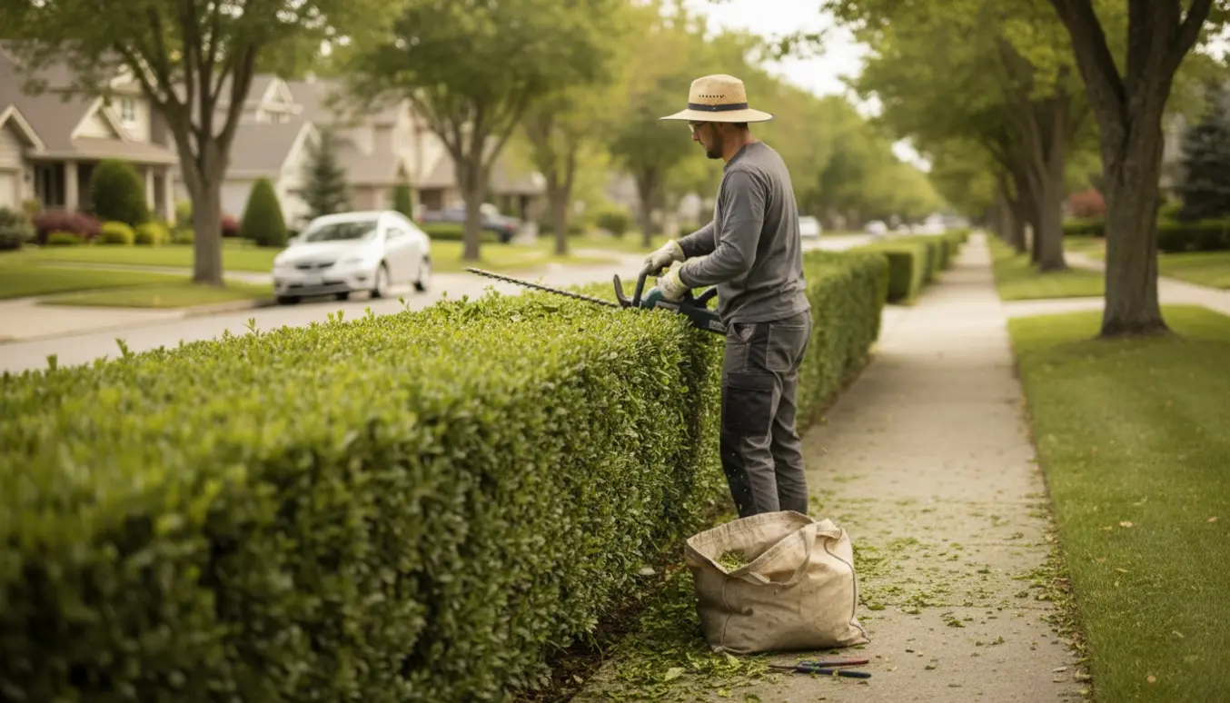 En gartner klipper toppen og vej-siden af en lang hæk langs fortovet med afklip i en opsamlerpose.
