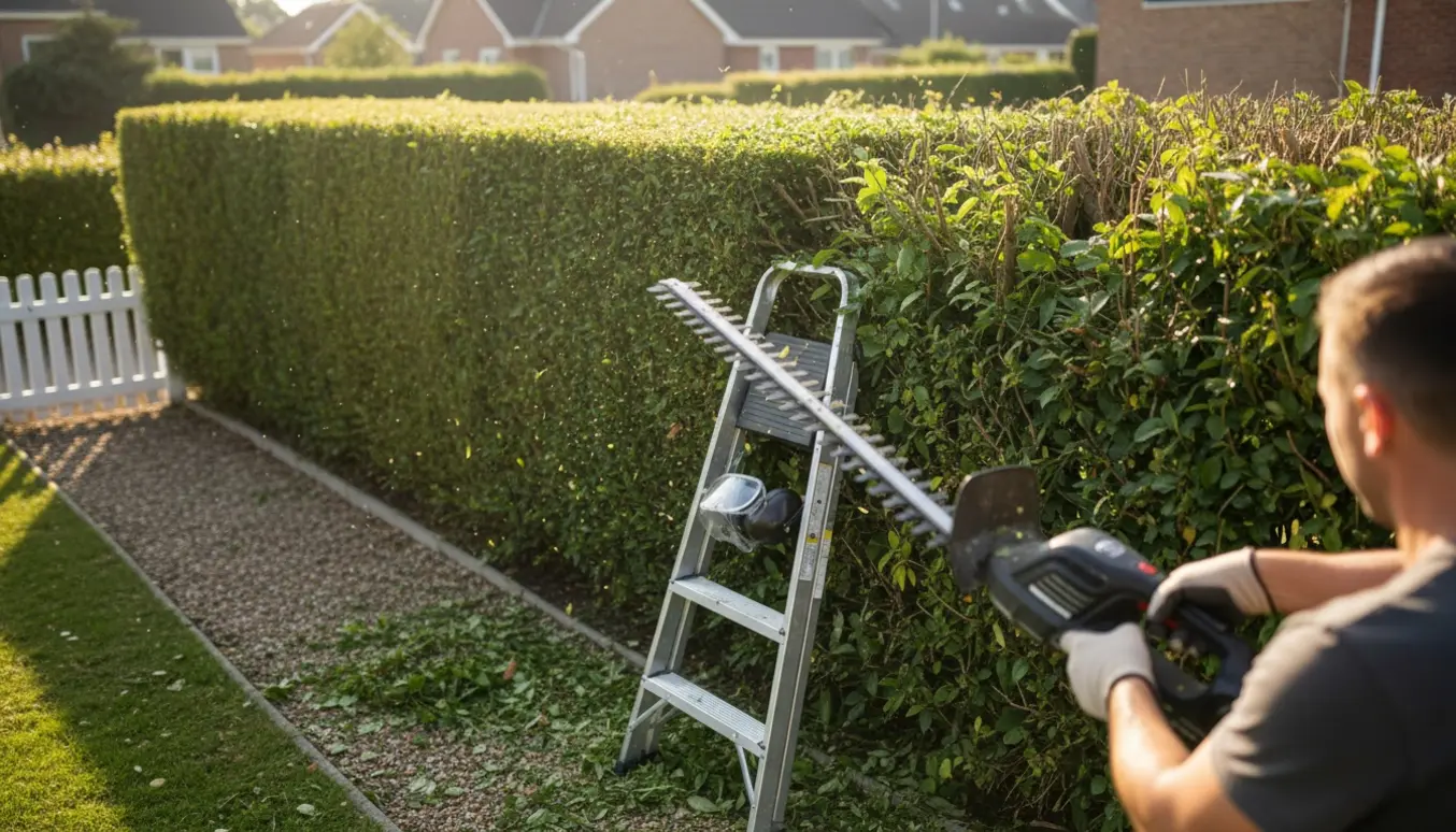 Lang hæk bliver klippet med hækkeklipper, og afklip ligger uryddet langs hækken.