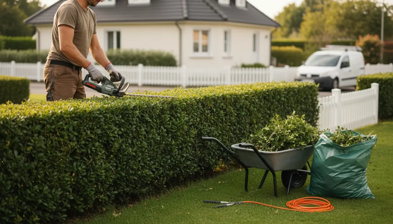 Nyligt klippet ligusterhæk på en hjørnegrund med værktøj og klippeaffald samlet til bortskaffelse.