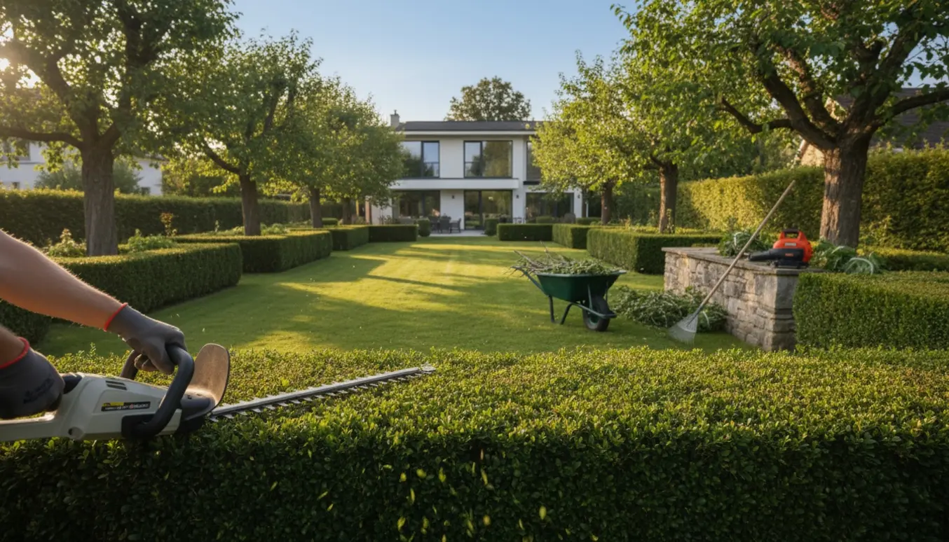 Nydeligt beskårede hække på alle fire sider af en rummelig havegrund med haveredskaber i forgrunden.