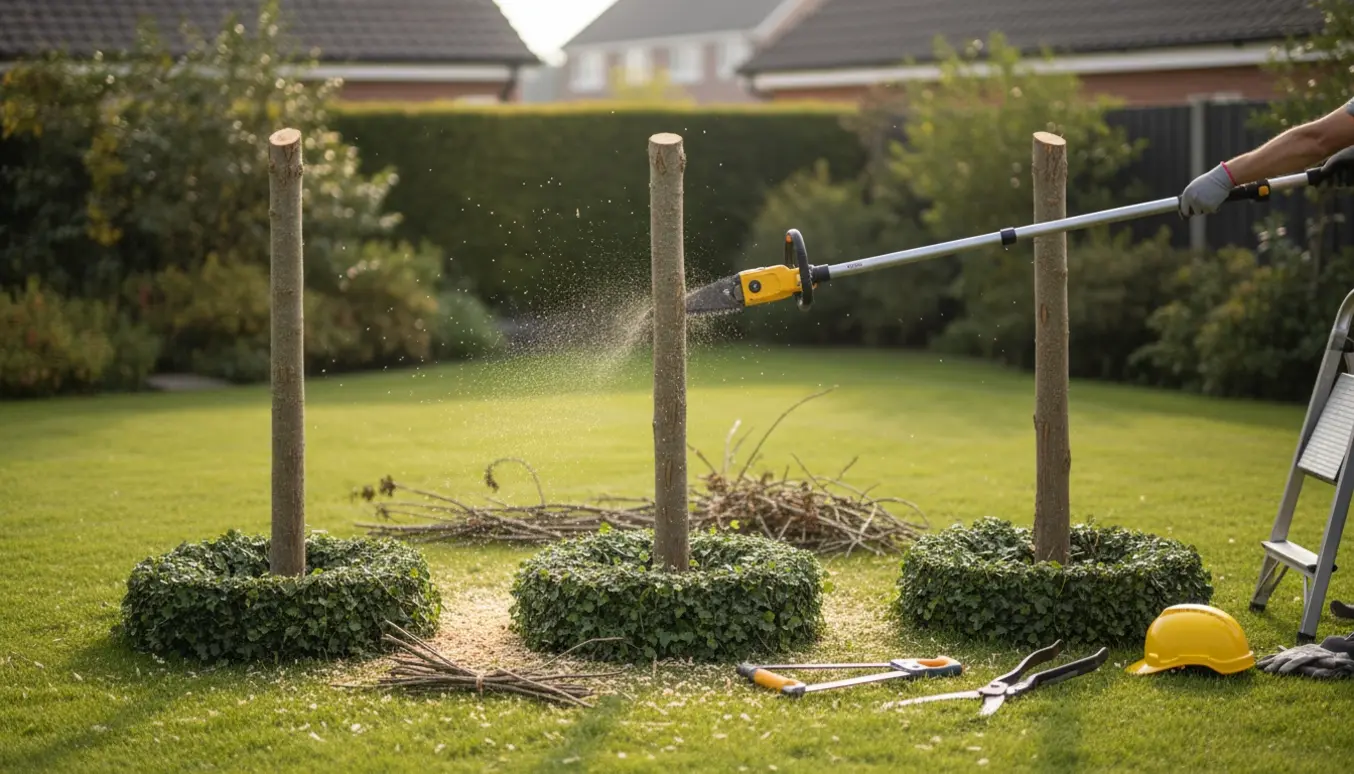 Tre beskårne træstammer i en baghave med vedbend rundt om og beskæringsværktøj på græsset.