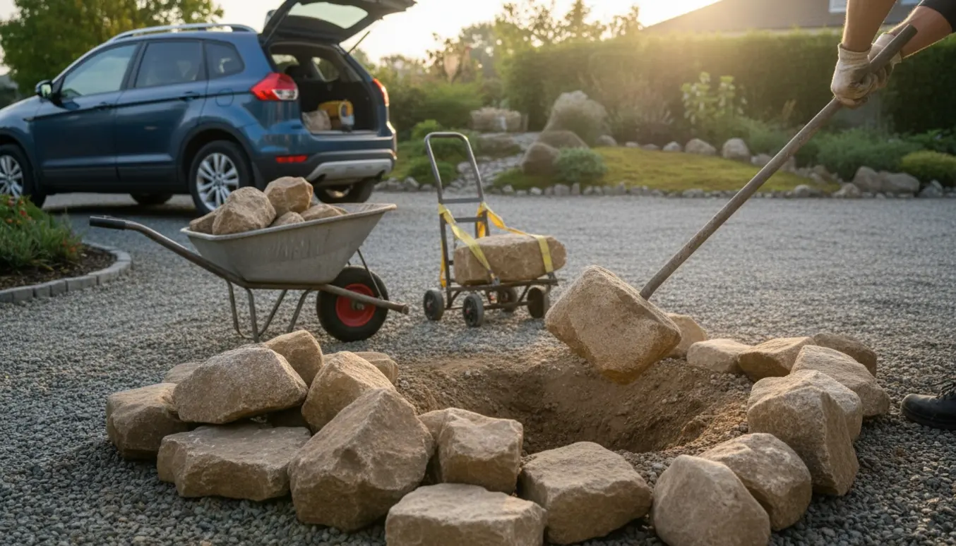 Mellemstore sten bliver løftet og samlet i en trillebør og på en sækkevogn ved indkørslen uden trailer.