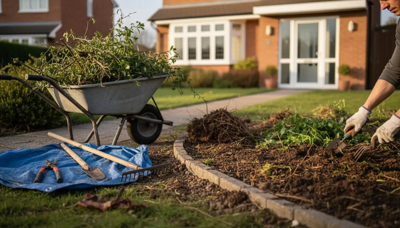 Havehjælp i forhaven med handsker, trillebør og beskårne buske ved et nyrenset bed.