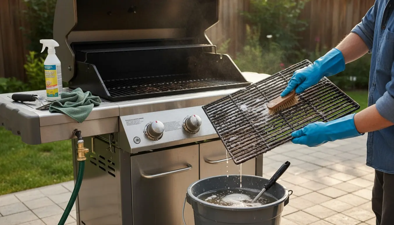 Handskerede hænder skrubber en grillrist med børste og sæbe på en solrig terrasse.