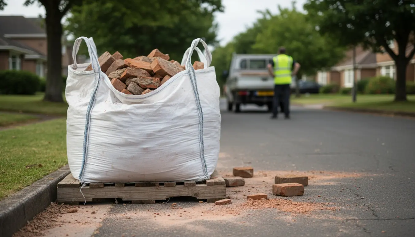 Bigbag fyldt med mursten og murbrokker ved vejkanten klar til afhentning.