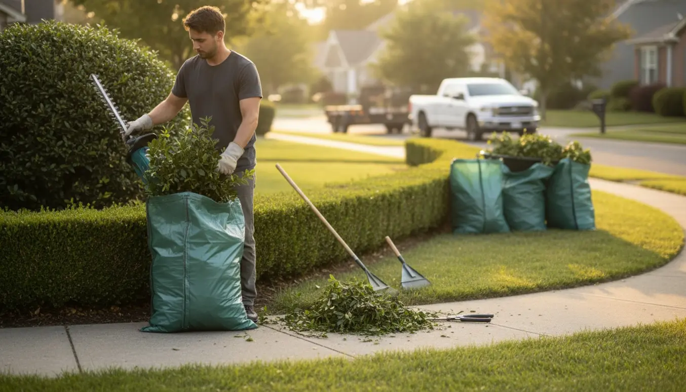 Beskæring af hæk og buske på en hjørnegrund med sække til grønt affald og værktøj.
