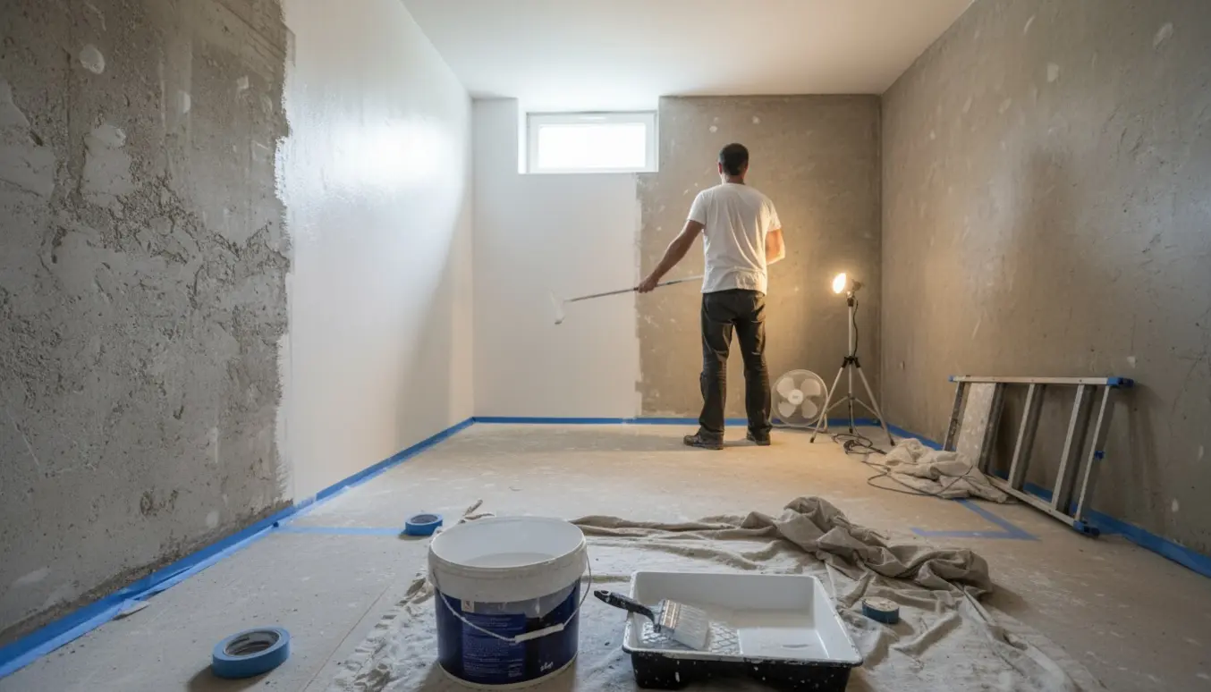 En person maler en kældervæg hvid med rulle i et kælderrum, med afdækningsplast og malerudstyr i forgrunden.