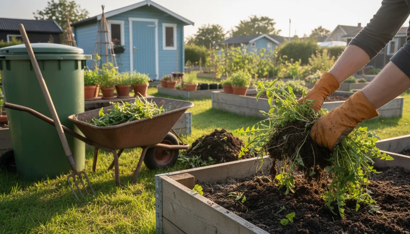 En overgroet kolonihave i morgensol, hvor hænder i handsker trækker ukrudt op ved en trillebør fyldt med afklip.