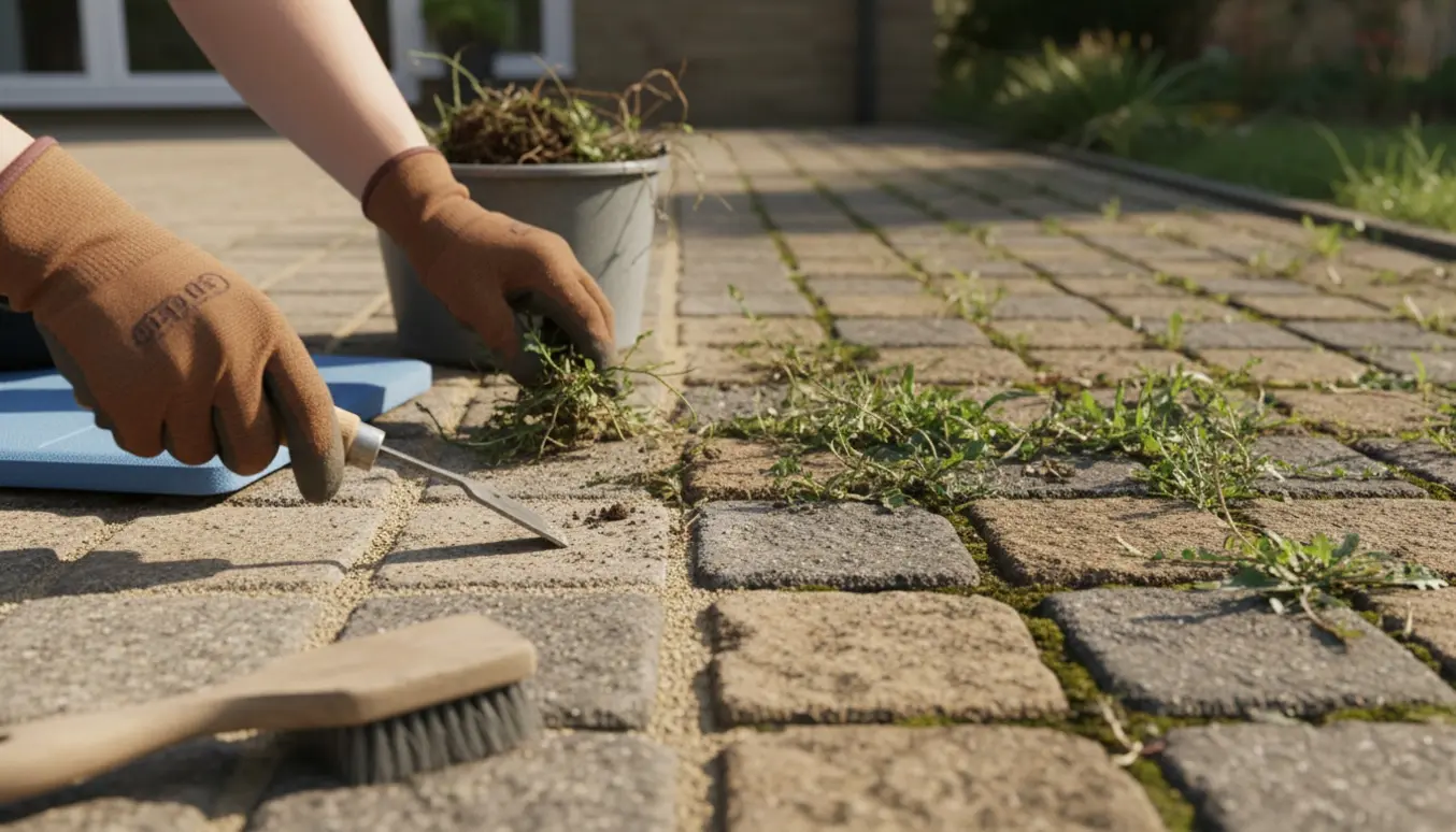 Hænder i havehandsker fjerner ukrudt mellem fliser på en indkørsel og lille terrasse.