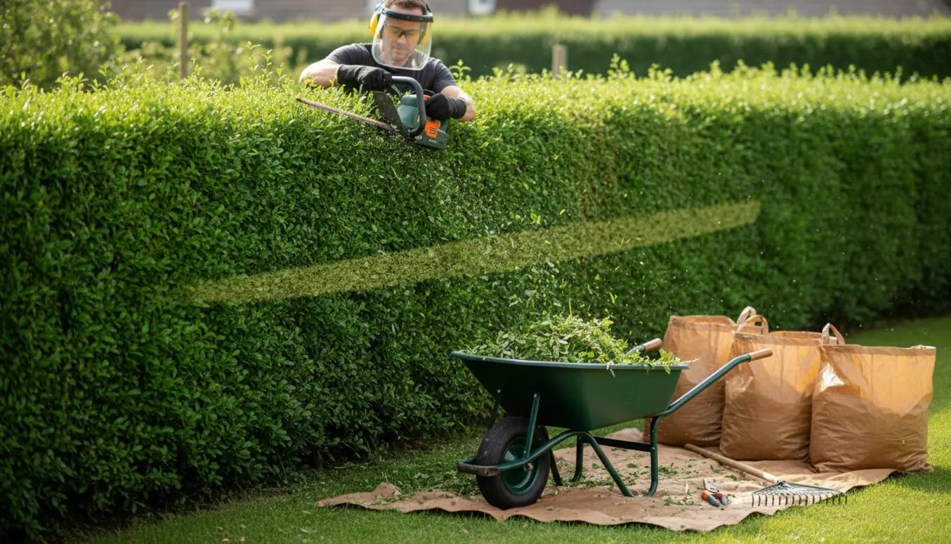 Hæk klippes i forhaven med hækkeklipper, trillebør med afklip og sække til bortskaffelse.
