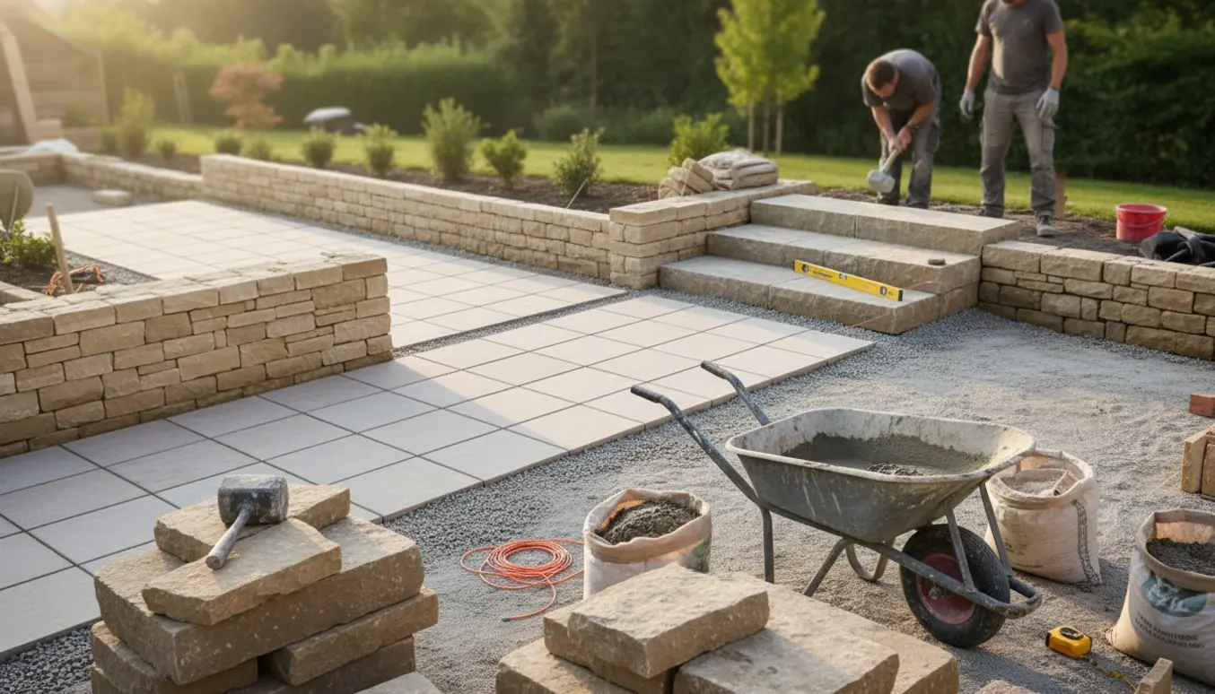 Delvist nedrevet mur og håndværkerhænder, der lægger fliser og bygger en trappe i en baghave.