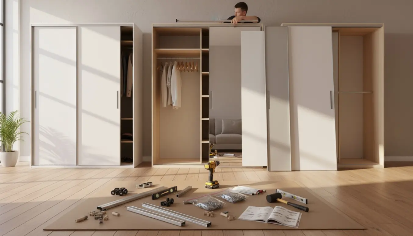 Tre klædeskabe med skydedøre under samling i et lyst rum med værktøj og skruer i forgrunden.