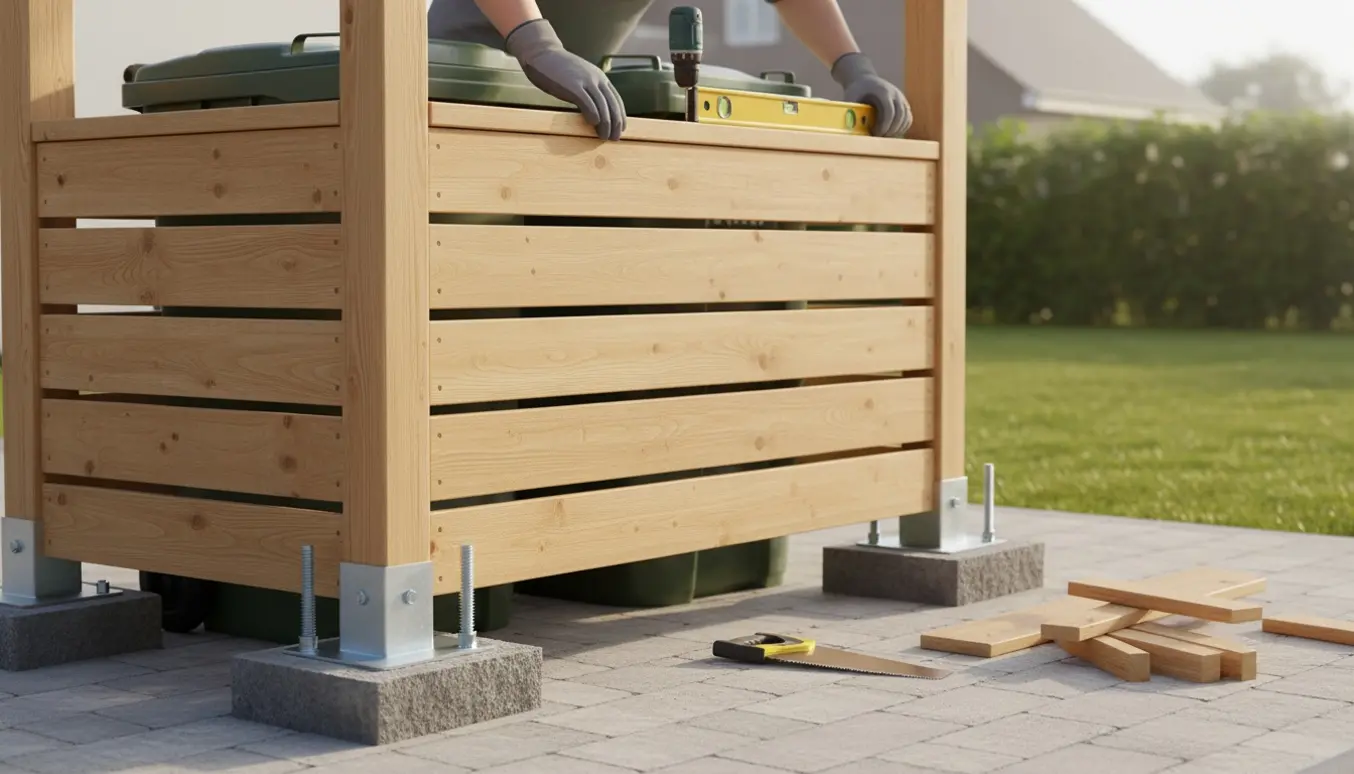 Træbeklædt skraldespandsskjuler i have med stolper monteret på kantfliser og håndværktøj i forgrunden.