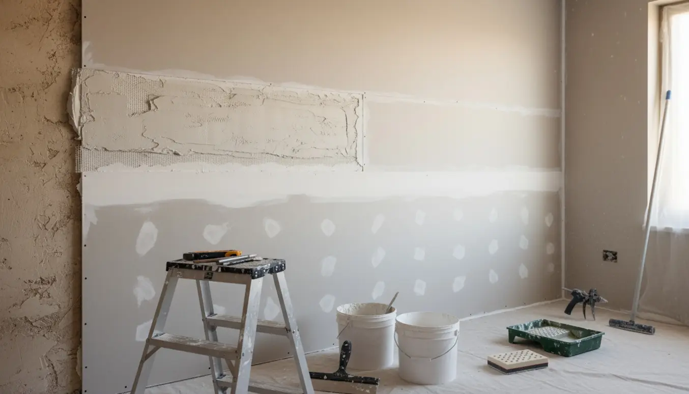 Gipsvæg under renovering med spartel, filt, malerbøtter, stige og fugepistol i naturligt lys.