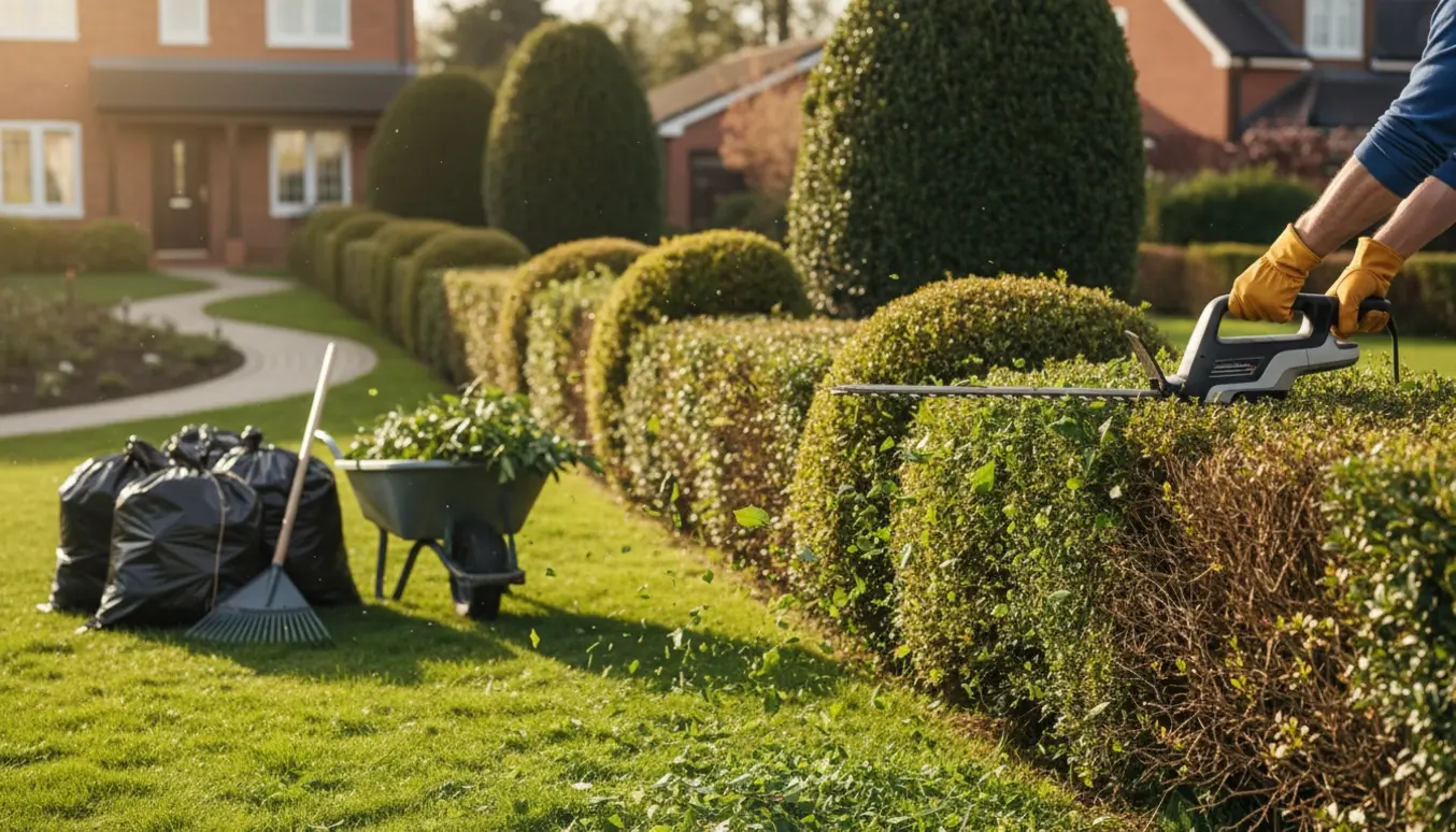 Hækkeklip i en forhave med handsker, hækkeklipper og afklip samlet i sække.