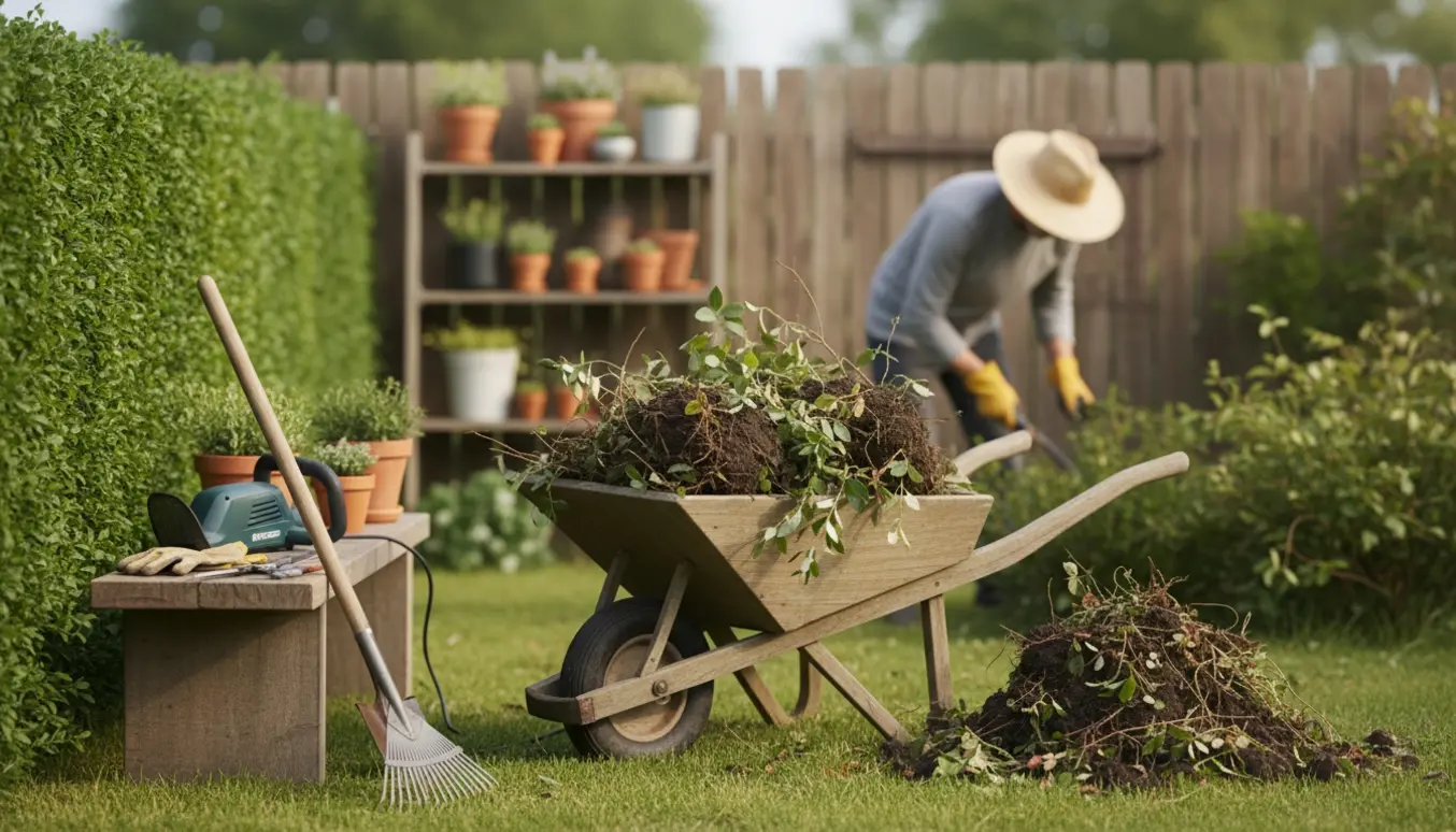 Kolonihave midt i oprydning med hækkeklip, fjernet ukrudt og opgravede buske i en trillebør.