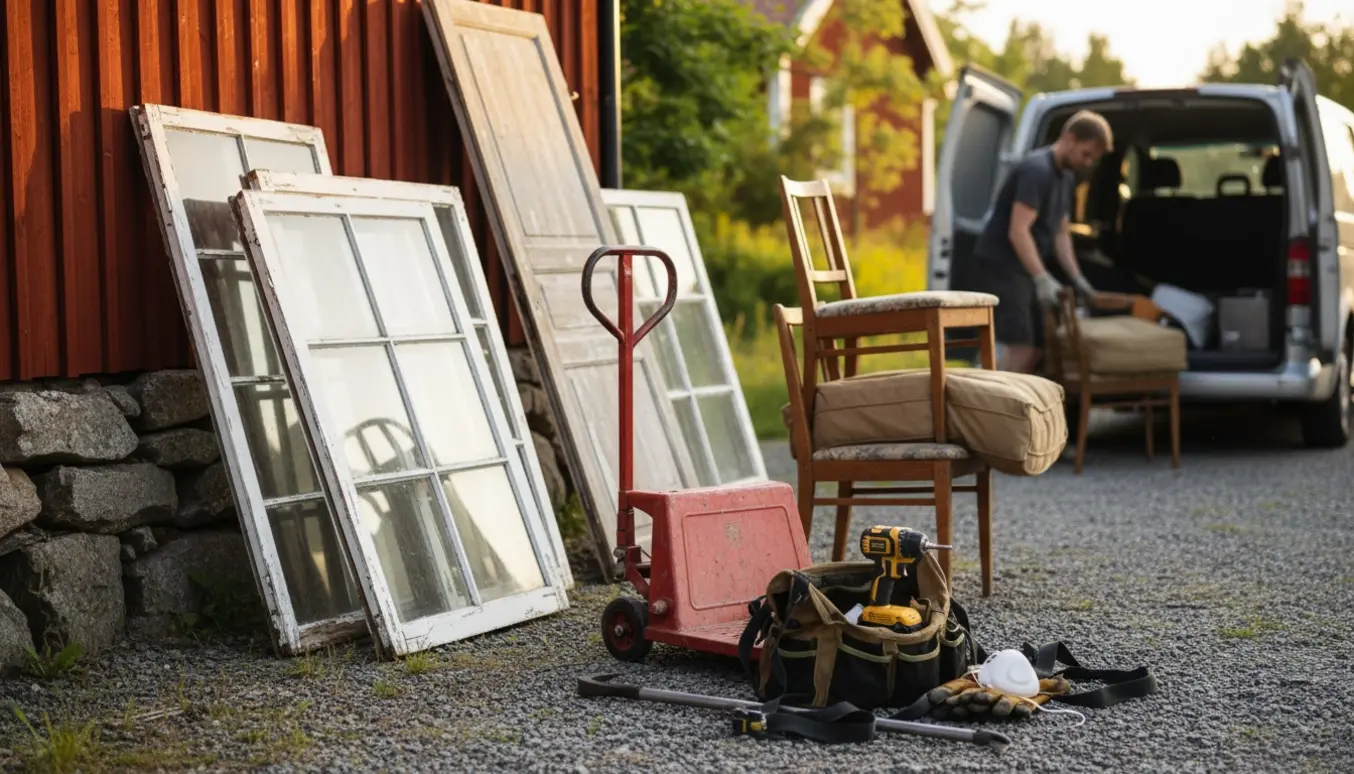Gamle vinduesrammer, en dør og møbler samlet ved et sommerhus med værktøj og flyttebil klar til bortskaffelse.