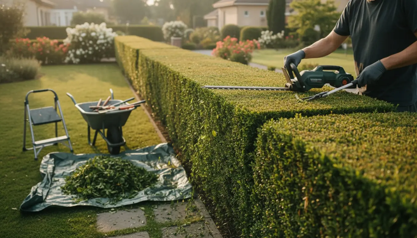 En gartner klipper toppen og siderne af en lille hæk i en villahave, med redskaber og afklip samlet på en presenning.