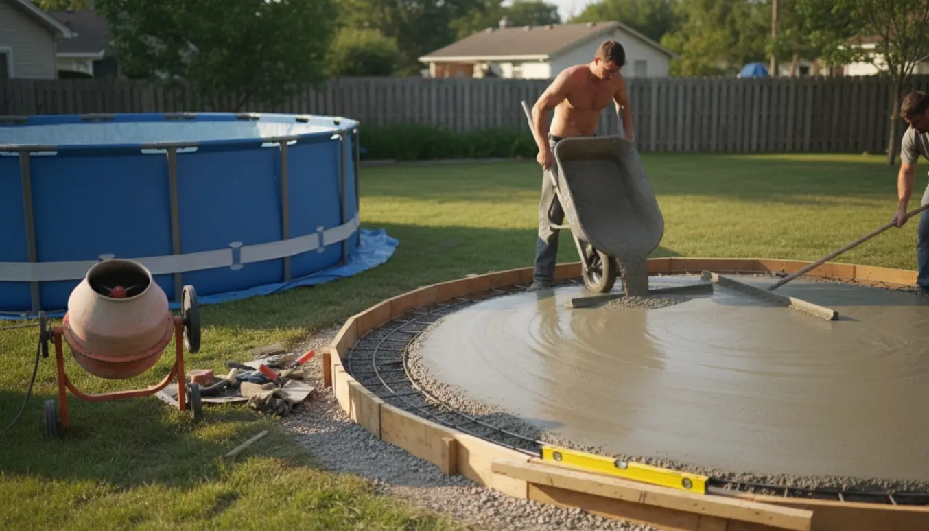 Opstilling af pool i baghave med formværk og frisk støbt betonbund, værktøj synligt.