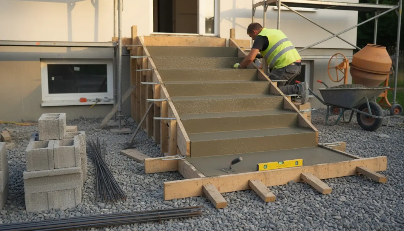 Byggeplads med nye betontrin, formværk og håndværker, der arbejder på trappen til indgang og høj kælder.