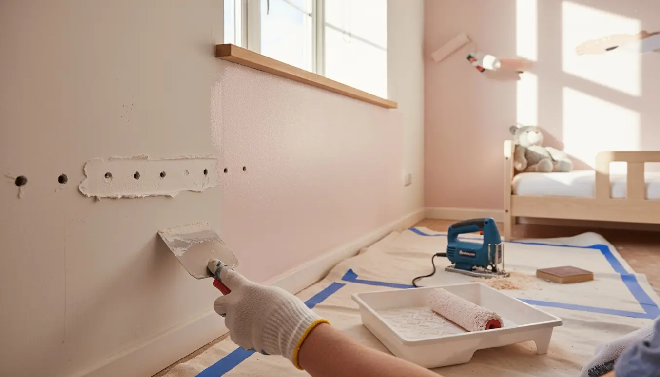 Hænder reparerer huller og maler et lille børneværelse med glimmervægge og nysavet vindueskarm.