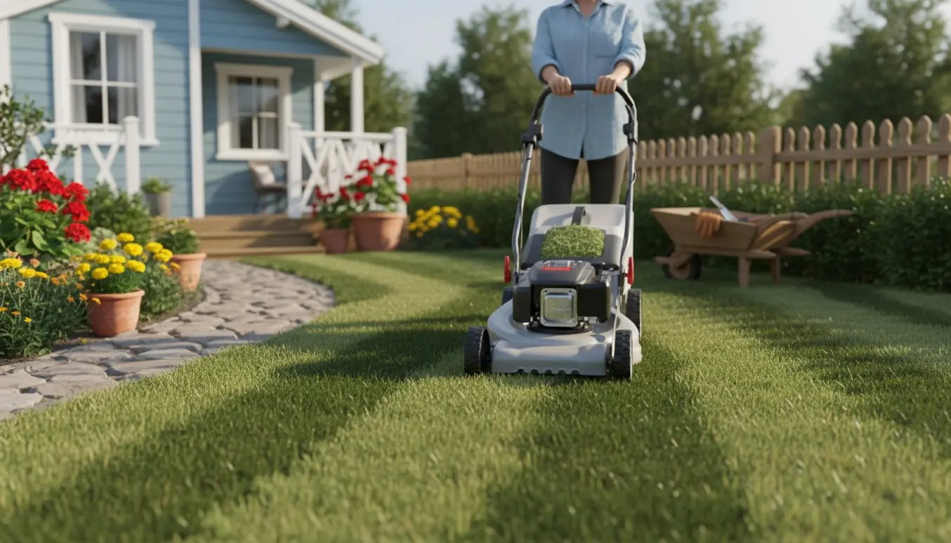 Person slår græs rundt om et sommerhus med en lille plæneklipper set bagfra på en solrig dag.