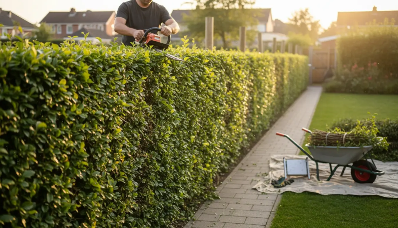 En person trimmer en cirka to meter høj bøgehæk fra siden og toppen i blødt sensommerslys.
