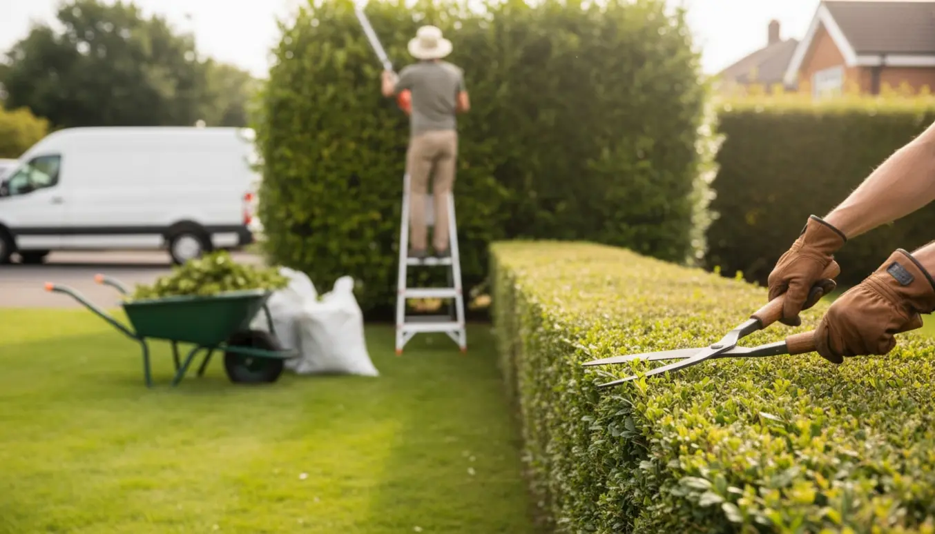 Hækkeklipning i en solrig forhave med handskeer, trillebør fyldt med afklip og en person på en stige uden synligt ansigt.