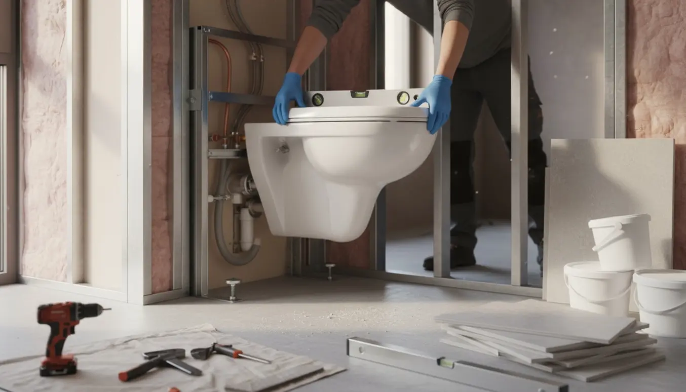 Montering af væghængt, skylleløst toilet i moderne badeværelse med monteringsramme og værktøj.