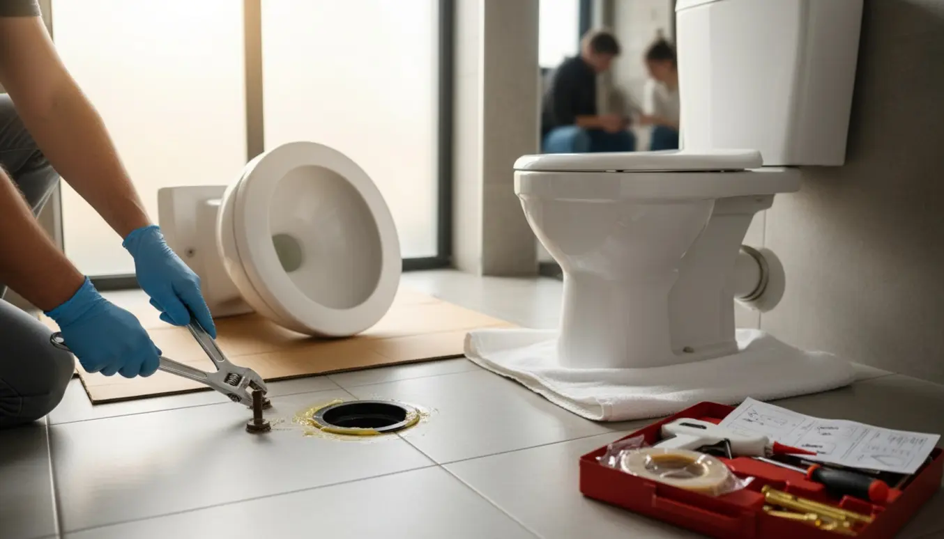 Nærbillede af udskiftning af gulvtoilet med værktøj og det gamle toilet klar til bortskaffelse.