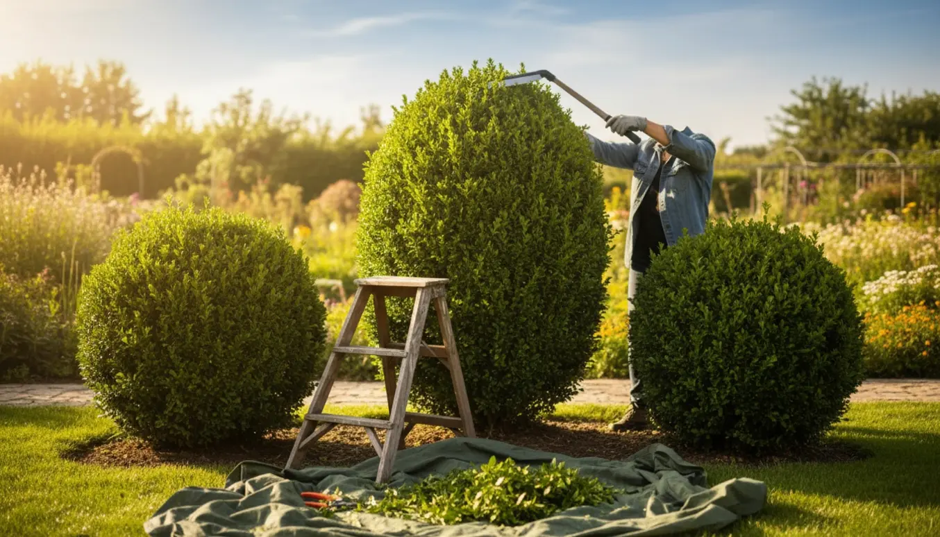 En havemand former tre buskbom — én høj og to lavere — med hæk- og håndsakse i en solrig have.