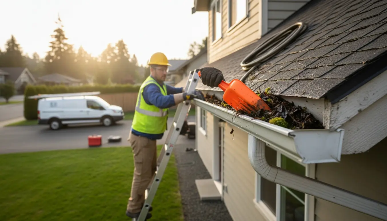 Tekniker renser tagrende fra en stige på et udlejningshus med handsker og spand til blade og mos.