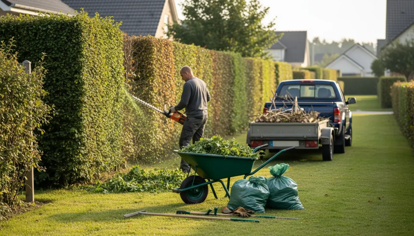 Lang hæk klippes set bagfra med hækkeklipper, afklip i trillebør og trailer.