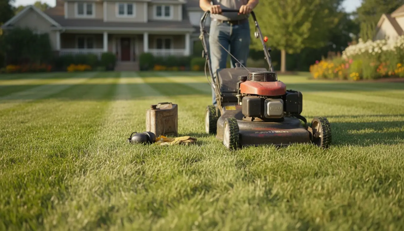 Benzindrevet græsslåmaskine laver klare striber på en stor plæne ved et parcelhus.