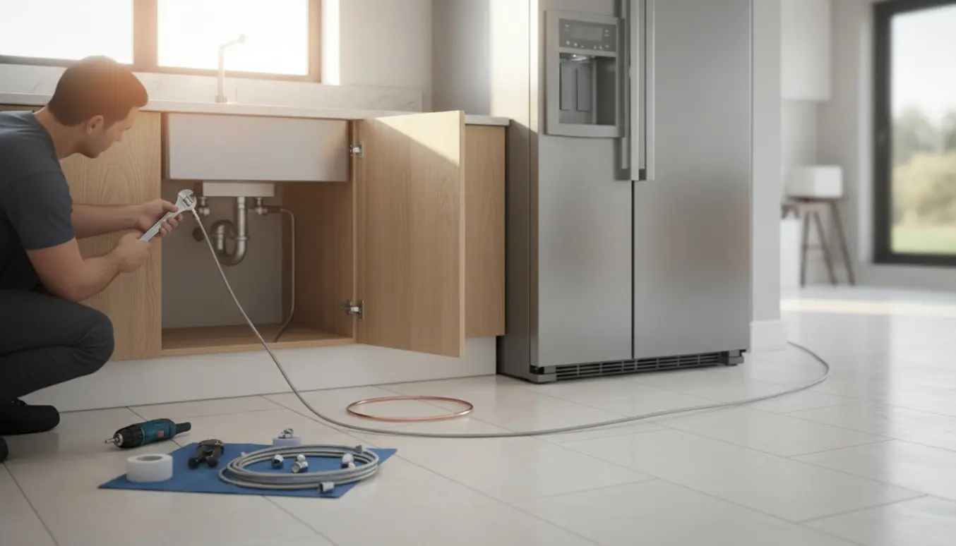 Tekniker forbinder en vandledning til et amerikansk køleskab i et lyst, moderne køkken.