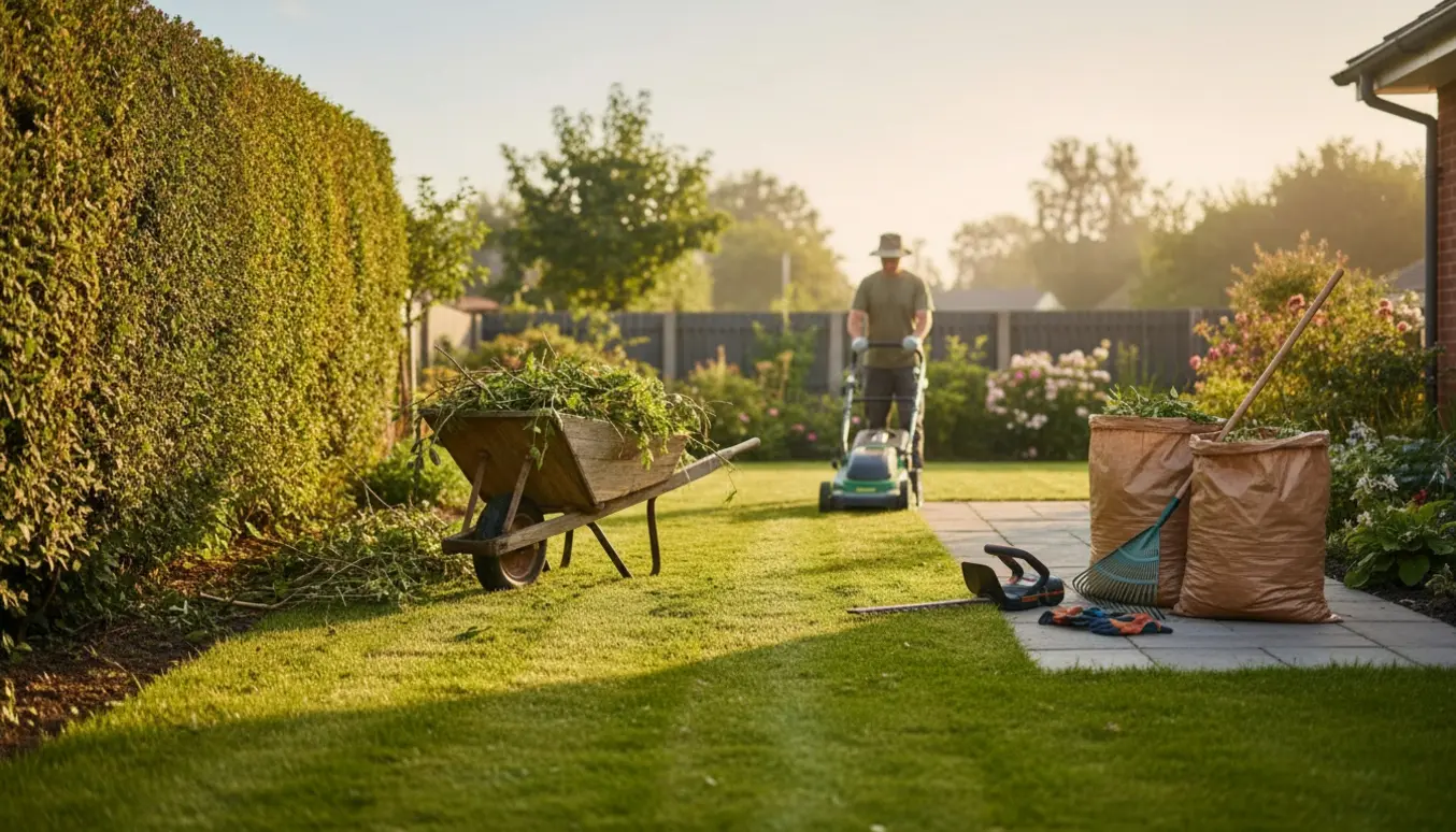 Have med nyslået plæne, nyskarp hæk, trillebør med afklip og haveredskaber.