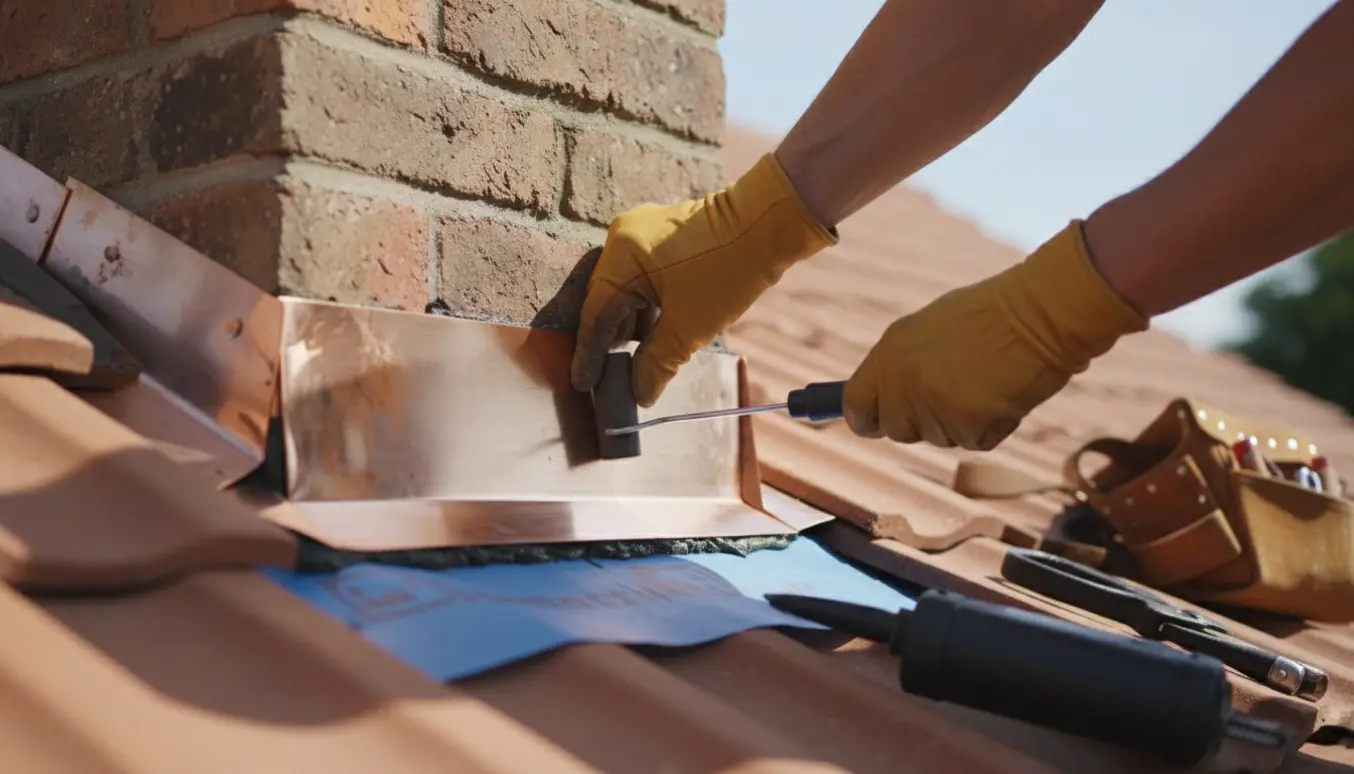 Nærbillede af ny kobberinddækning omkring en skorsten på et tag med håndværktøj i baggrunden.