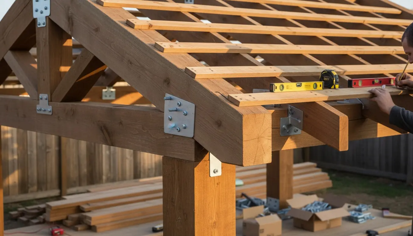 Overdækket terrasse under opbygning med solide lægter, spær og stolper samt måleværktøj.