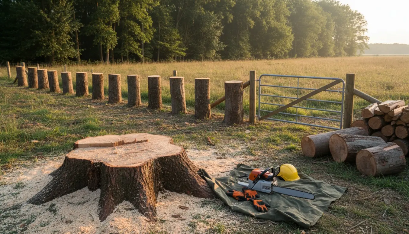 Nysavede stammer på 1–1,5 m ved grundens kant med savværktøj og åben dyrehegn mod en brakmark.
