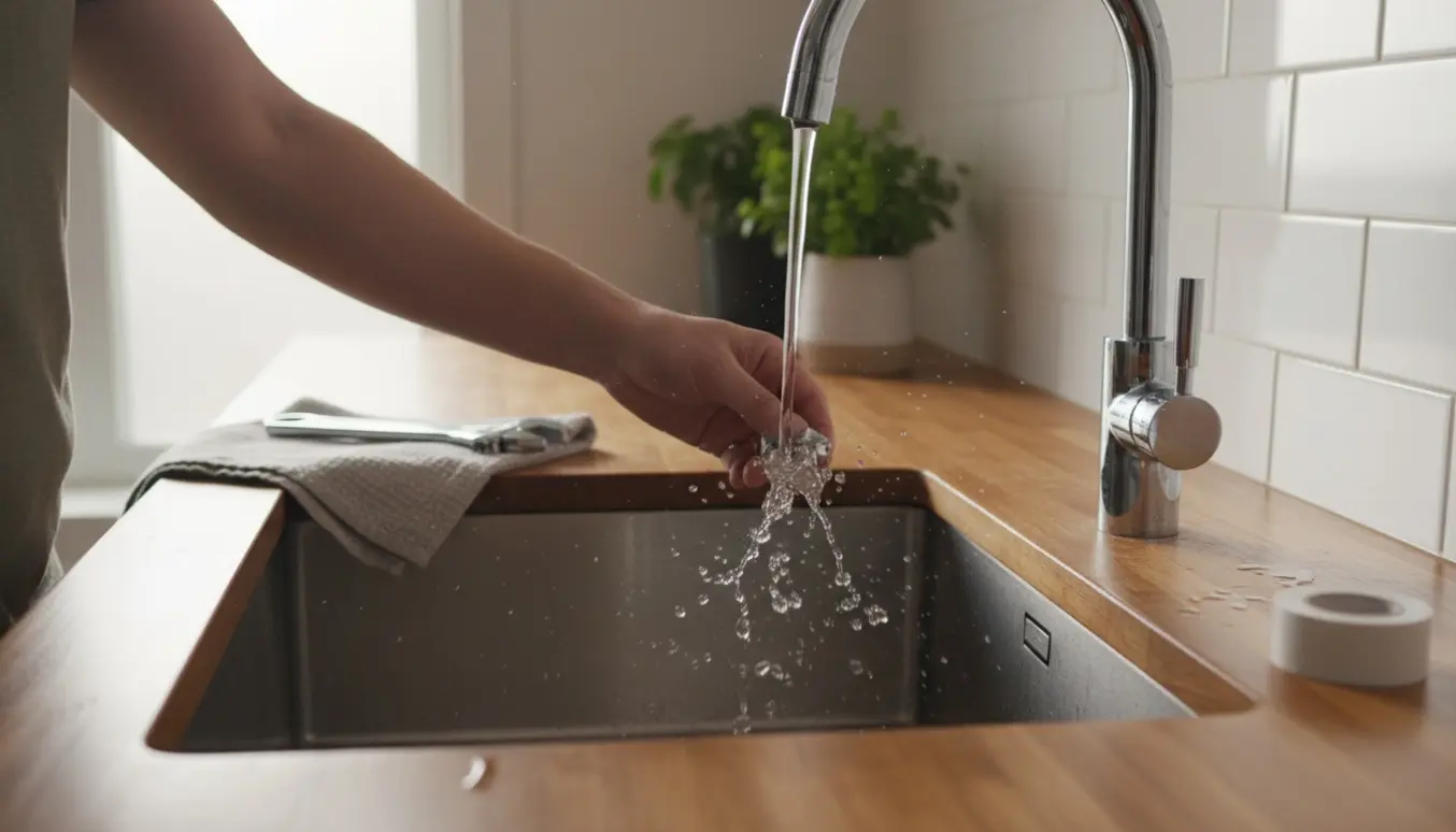 Utæt køkkenvandhane med vand der løber i en stålvask og værktøj på bordet.