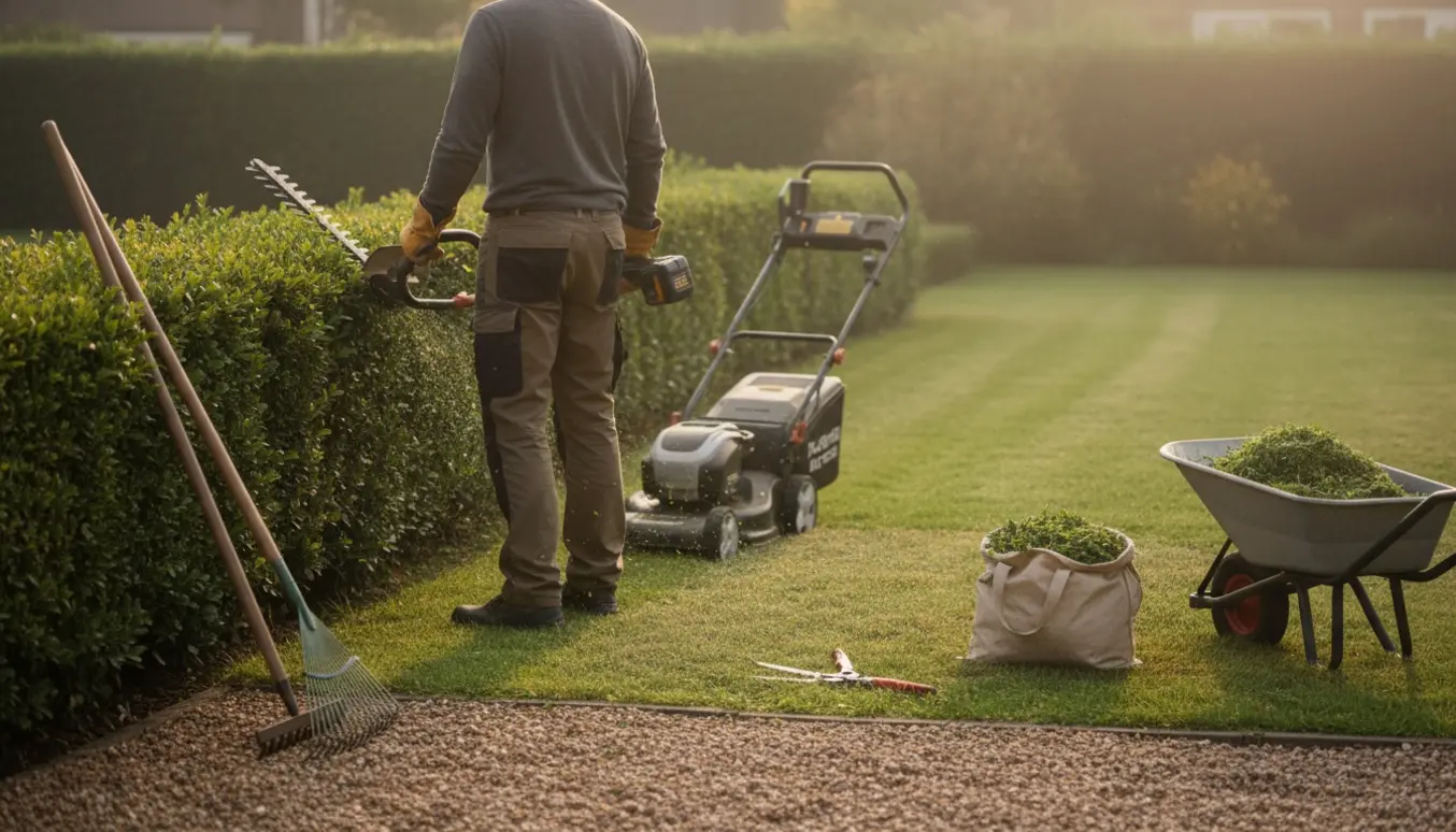 En person klipper en lille hæk med en hækkeklipper og slår et lille stykke græs med en plæneklipper i en lille have.